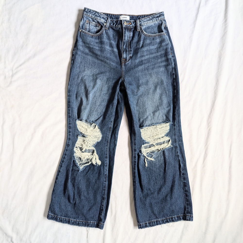 Womens Ceros 29 High Rise Jeans Wide Hem Distressed Bootcut